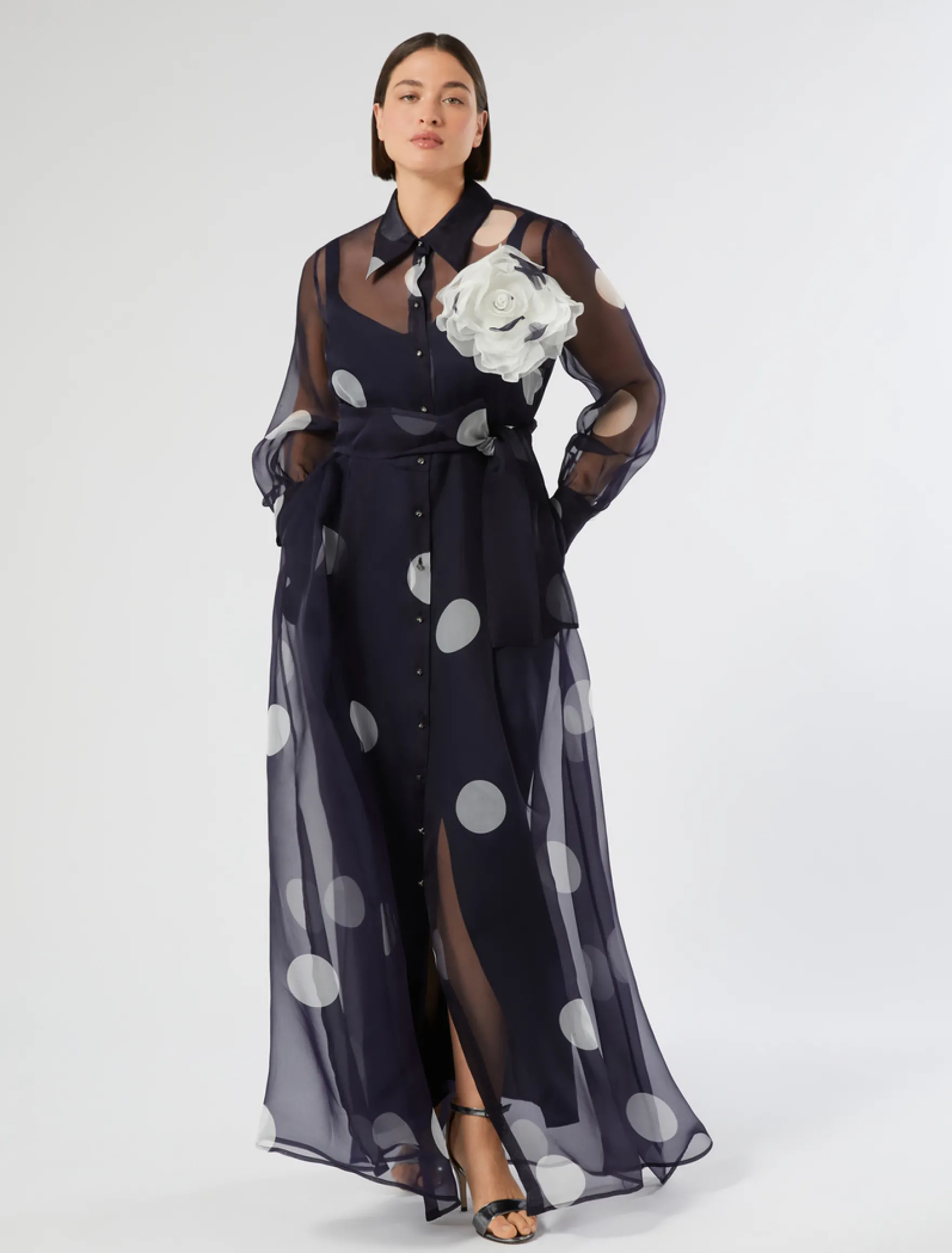 Abito chemisier in organza di seta - BLU MARINO