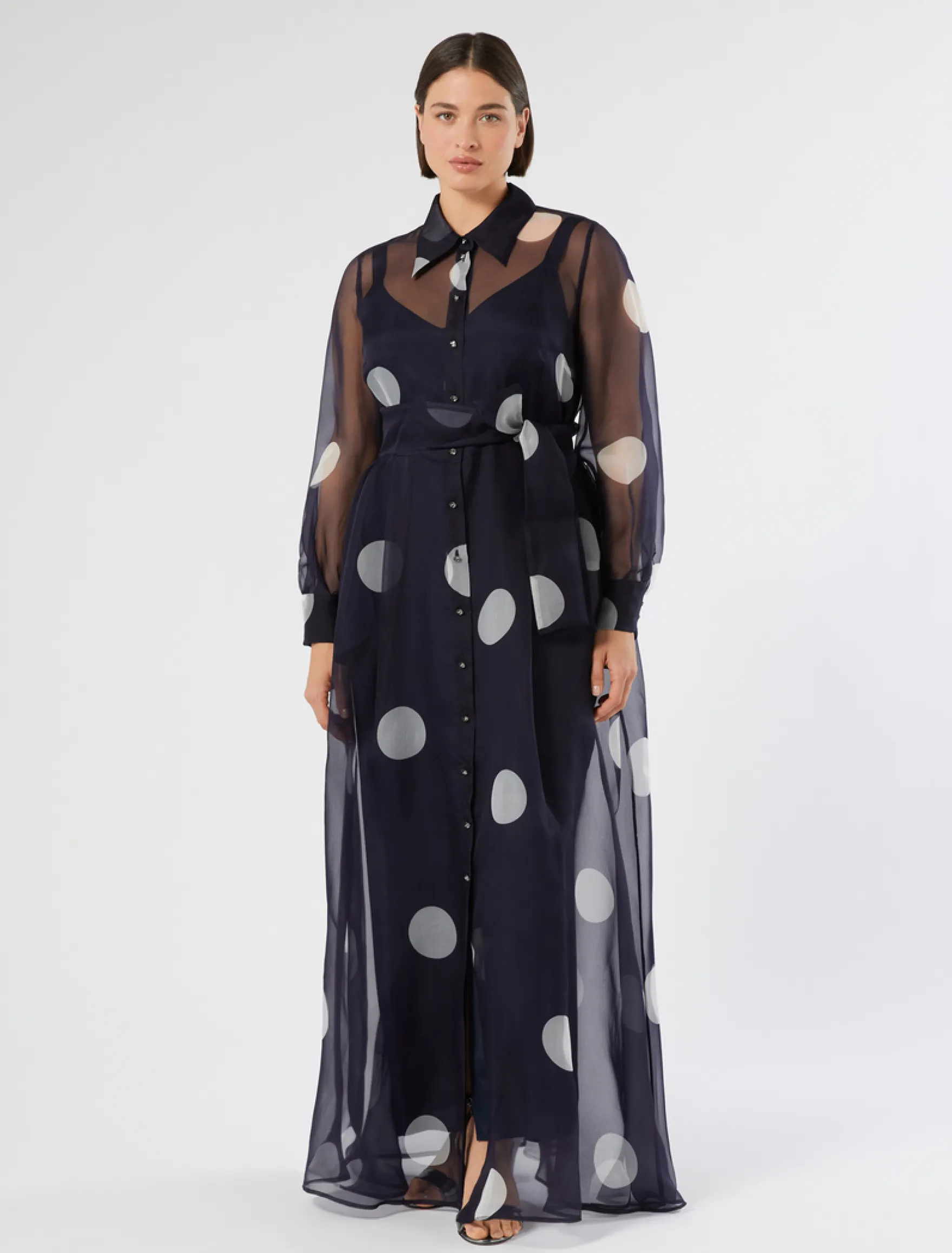 Abito chemisier in organza di seta - BLU MARINO