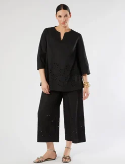 Pantaloni in popeline con ricamo - NERO